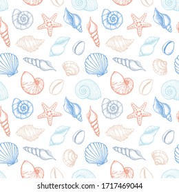 Hand drawn vector illustrations - seamless pattern of seashells. Marine background. Collection of shells and starfishs. Perfect for fabric, textile, linens, invitations, posters, prints, banners 