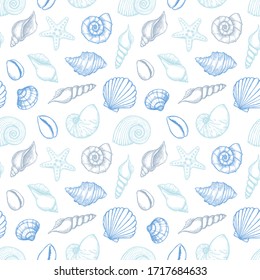 Hand drawn vector illustrations - seamless pattern of seashells. Marine background. Collection of shells and starfishs. Perfect for fabric, textile, linens, invitations, posters, prints, banners 