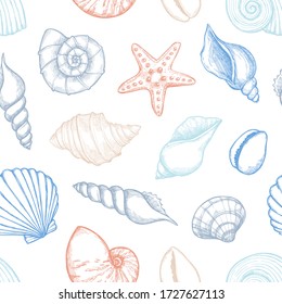 Hand drawn vector illustrations - seamless pattern of seashells. Marine background. Collection of shells and starfishs. Perfect for fabric, textile, linens, invitations, posters, prints, banners 