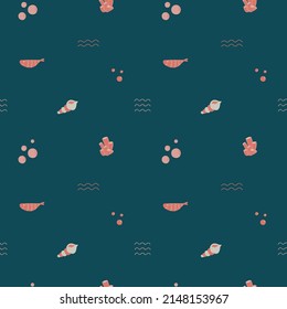 Ilustraciones de vectores dibujadas a mano, patrón sin fisuras con coral, peces, concha, burbuja, oleaje sobre fondo azul oscuro. Perfecto para impresiones, retroceso, tela, etc.