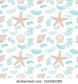 Hand drawn vector illustrations - seamless pattern of seashells. Marine background. Perfect for invitations, greeting cards, posters, prints, banners, flyers etc