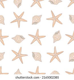 Hand drawn vector illustrations - seamless pattern of seashells. Marine background. Perfect for invitations, greeting cards, posters, prints, banners, flyers etc