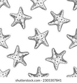 Hand drawn vector illustrations - seamless pattern of starfish. Marine background. Perfect for invitations, greeting cards, posters, prints, banners, flyers etc