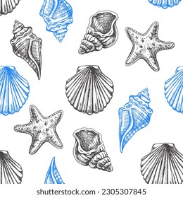 Ilustraciones de vectores dibujadas a mano - patrón sin fisuras de conchas marinas y de pez estrella. Fondo marino. Perfecto para invitaciones, tarjetas de felicitación, carteles, impresiones, pancartas, volantes, etc