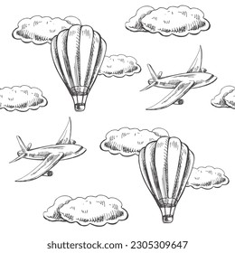 Hand drawn vector illustrations - seamless pattern of balloon, airplane and clouds. Tropic  background. Perfect for invitations, greeting cards, posters, prints, banners, flyers etc