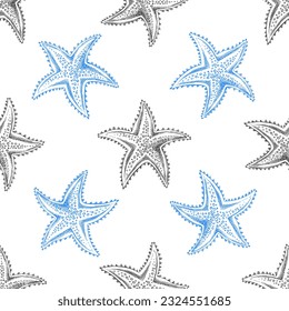 Hand drawn vector illustrations - seamless pattern of  starfish. Marine background. Perfect for invitations, greeting cards, posters, prints, banners, flyers etc