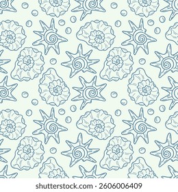 Hand drawn vector illustrations - seamless pattern of seashells. Marine background. Perfect for greetings, invitations, manufacture wrapping paper, textile and web design. Оcean pattern.