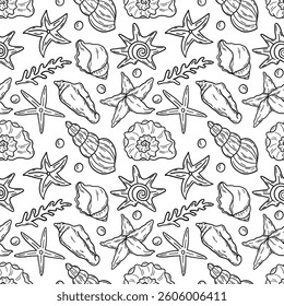 Hand drawn vector illustrations - seamless pattern of seashells. Marine background. Perfect for greetings, invitations, manufacture wrapping paper, textile and web design. Оcean pattern.