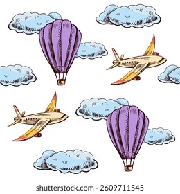 Hand drawn vector illustrations - seamless pattern of balloon, airplane and clouds. Tropic  background. Perfect for invitations, greeting cards, posters, prints, banners, flyers etc