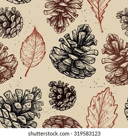 Hand drawn vector illustrations. Seamless pattern with with pine cones and leaves. Forest background