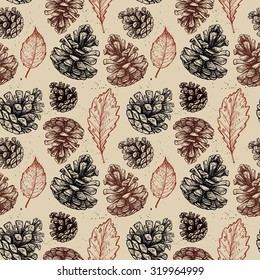 Hand drawn vector illustrations. Seamless pattern with with pine cones and leaves. Forest background
