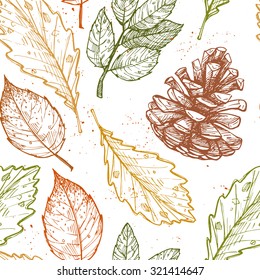 Hand drawn vector illustrations. Seamless pattern with with pine cones and leaves. Forest background