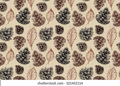 Hand drawn vector illustrations. Seamless pattern with with pine cones and leaves. Forest background.