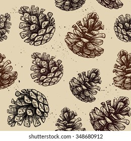 Hand drawn vector illustrations. Seamless pattern with pine cones. Forest background
