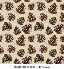 Hand drawn vector illustrations. Seamless pattern with pine cones. Forest background