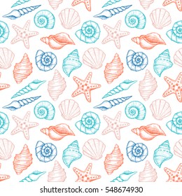 Hand drawn vector illustrations - seamless pattern of seashells.  Marine background. Perfect for invitations, greeting cards, posters, prints, banners, flyers etc