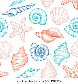 Hand drawn vector illustrations - seamless pattern of seashells.  Marine background. Perfect for invitations, greeting cards, posters, prints, banners, flyers etc