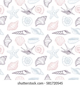 Hand drawn vector illustrations - seamless pattern of seashells.  Marine background. Perfect for invitations, greeting cards, posters, prints, banners, flyers etc