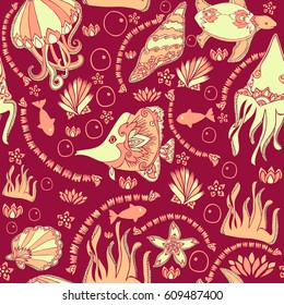 Hand drawn vector illustrations - seamless pattern of seashells. fishs, underwater ocean. Marine background. Perfect for invitations, greeting cards, posters, prints, banners, flyers etc