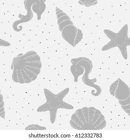 Hand drawn vector illustrations - seamless pattern of seashells. Marine background.