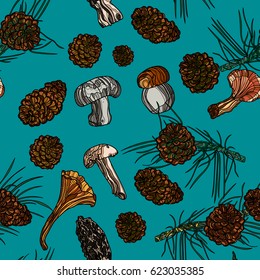 Hand drawn vector illustrations. Seamless pattern with with pinecones and mushrooms. Forest background.