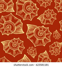 Hand drawn vector illustrations - seamless pattern of seashell. Orange background.