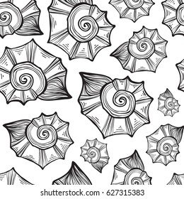 Hand drawn vector illustrations - seamless pattern of seashell.