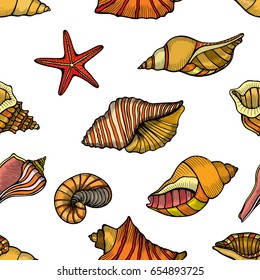 Hand drawn vector illustrations - seamless pattern of seashells. Marine background. Perfect for invitations, greeting cards, posters, prints, banners, flyers etc