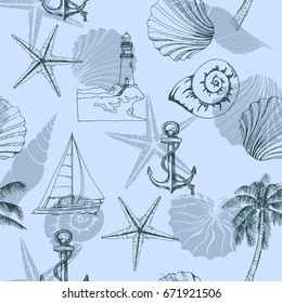 Hand drawn vector illustrations - seamless pattern on the marine theme with seashells, anchor, sailboat. Marine background.