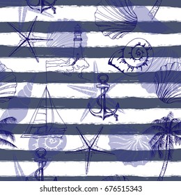 Hand drawn vector illustrations - seamless pattern on the marine theme with seashells, anchor, sailboat. Marine background.