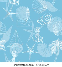 Hand drawn vector illustrations - seamless pattern on the marine theme with seashells, anchor, sailboat. Marine background.