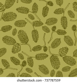Hand drawn vector illustrations. Seamless pattern with pine cones. Forest background