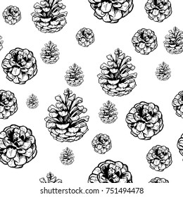 Hand drawn vector illustrations. Seamless pattern of winter pine cones isoleted on white. Forest vintage elements.