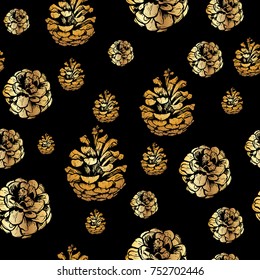 Hand drawn vector illustrations. Seamless pattern of gold pine cones isoleted on black. Forest vintage elements.