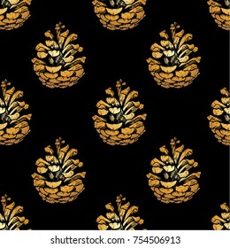 Hand drawn vector illustrations. Seamless pattern of gold pine cones isoleted on black. Forest vintage elements.