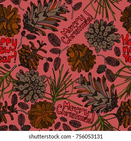Hand drawn vector illustrations. Seamless pattern with pine cones. Forest endless background