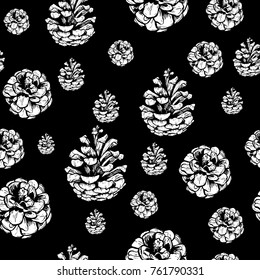 Hand drawn vector illustrations. Seamless pattern of winter pine cones isoleted on black. Forest vintage elements.