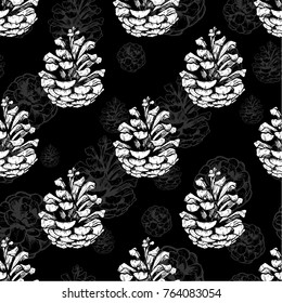 Hand drawn vector illustrations. Seamless pattern of winter pine cones isoleted on black. Forest vintage elements.