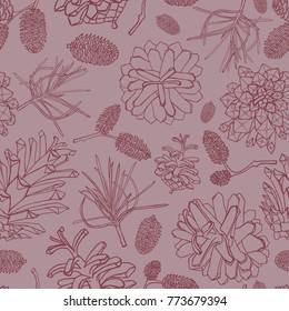 Hand drawn vector illustrations. Seamless pattern with pine cones. Forest endless background