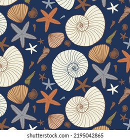 Hand drawn vector illustrations - seashells seamless pattern. Marine background. Perfect for invitations, greeting cards, posters, prints, banners, flyers, etc.