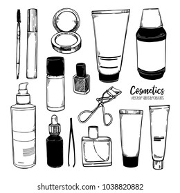 Hand drawn vector illustrations - Set of cosmetic jars. Skin care and decorative cosmetics. Outline illustration. Perfect for advertising, prints, posters, leaflets etc