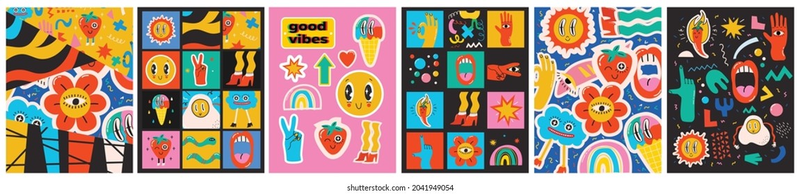 Hand drawn Vector illustrations of Set of Various patches, pins, stamps or stickers with abstract funny cute comic characters.