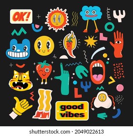 Hand drawn Vector illustrations of Set of Various patches, pins, stamps or stickers with abstract funny cute comic characters.