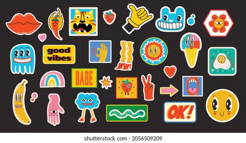 Hand drawn Vector illustrations of Set of Various patches, pins, stamps or stickers with abstract funny cute comic characters.