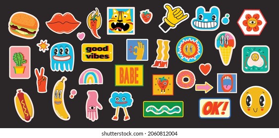 Hand drawn Vector illustrations of Set of Various patches, pins, stamps or stickers with abstract funny cute comic characters.