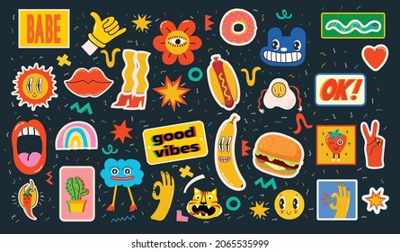 Hand drawn Vector illustrations of Set of Various patches, pins, stamps or stickers with abstract funny cute comic characters.