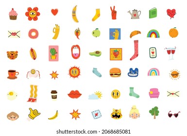 Hand drawn Vector illustrations of Set of Various patches, pins, stamps or stickers with abstract funny cute comic characters.