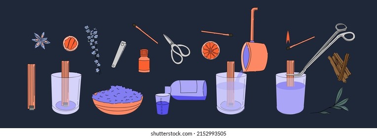 Hand drawn vector illustrations set of candles making process. Multi wick, jar candle, bowl of soy wax,  essential oil, scissors, matches, branches. Decorative wax candle making for relax and spa.