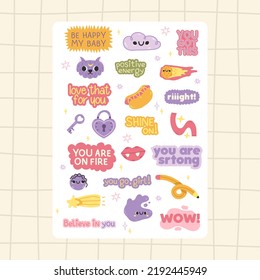Hand drawn Vector illustrations of Set of Various patches, quotes, elements or stickers with abstract funny cute comic characters for organizer and diaries. Stickers for daily planner and scheduler.