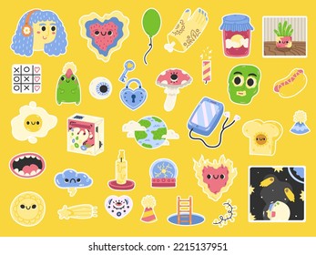 Ilustraciones de vectores dibujadas a mano de Conjunto de varios parches, citas, elementos o emoticones con personajes de historietas graciosos y abstractos para organizadores y diarios. Etiquetas para planificador y programador diario.